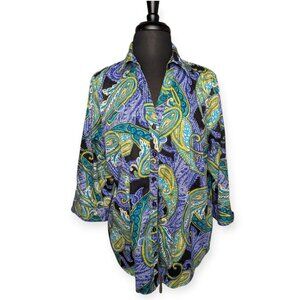 212 Collection Women Stretch Bright Paisley Button-Up Shirt 3/4 Sleeve Size 1X